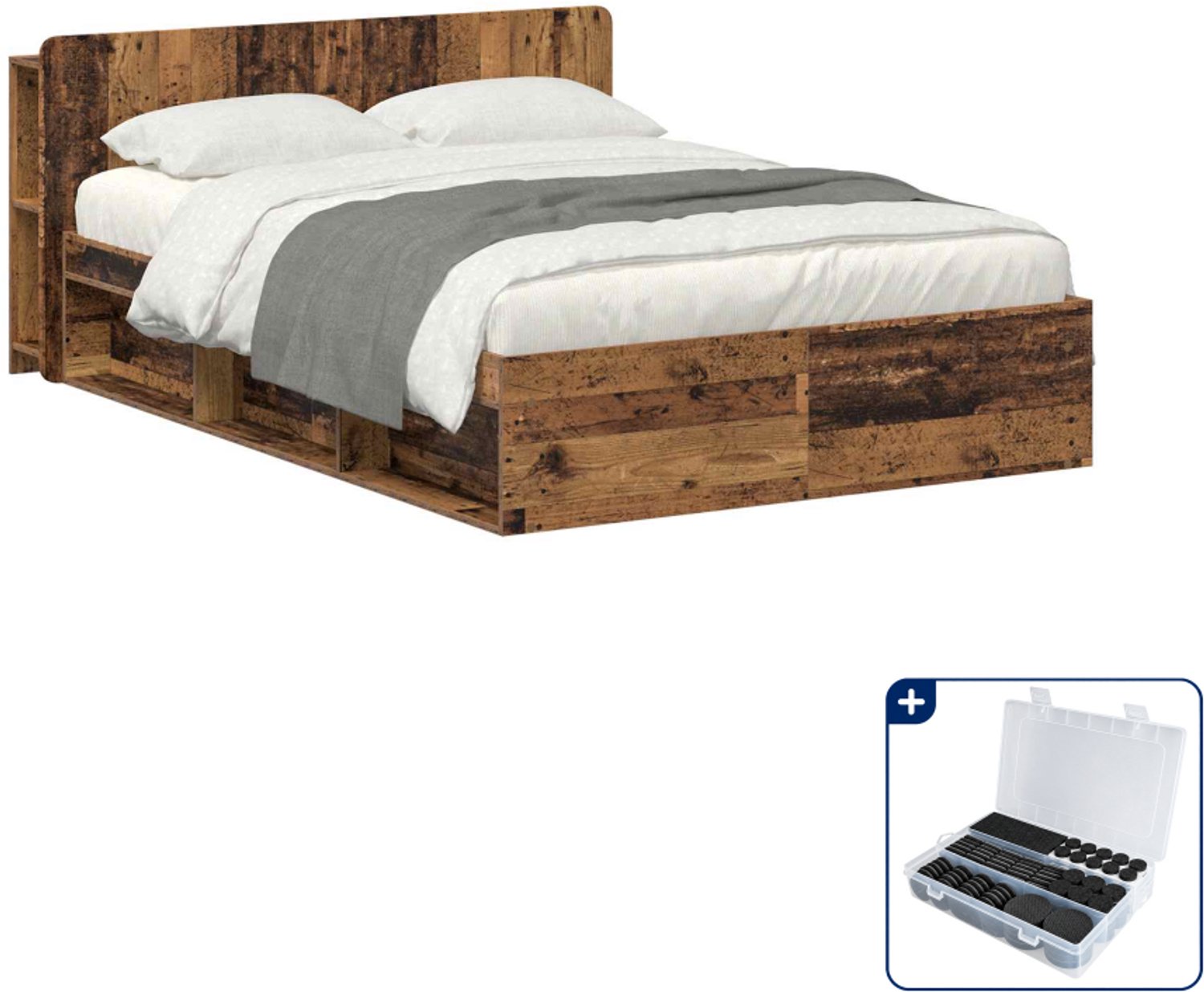 vidaXL Bedframe met opbergruimte - 135 x 190 cm - bewerkt hout - oud hout - Inclusief antikrasvilt 177-delig Bruin