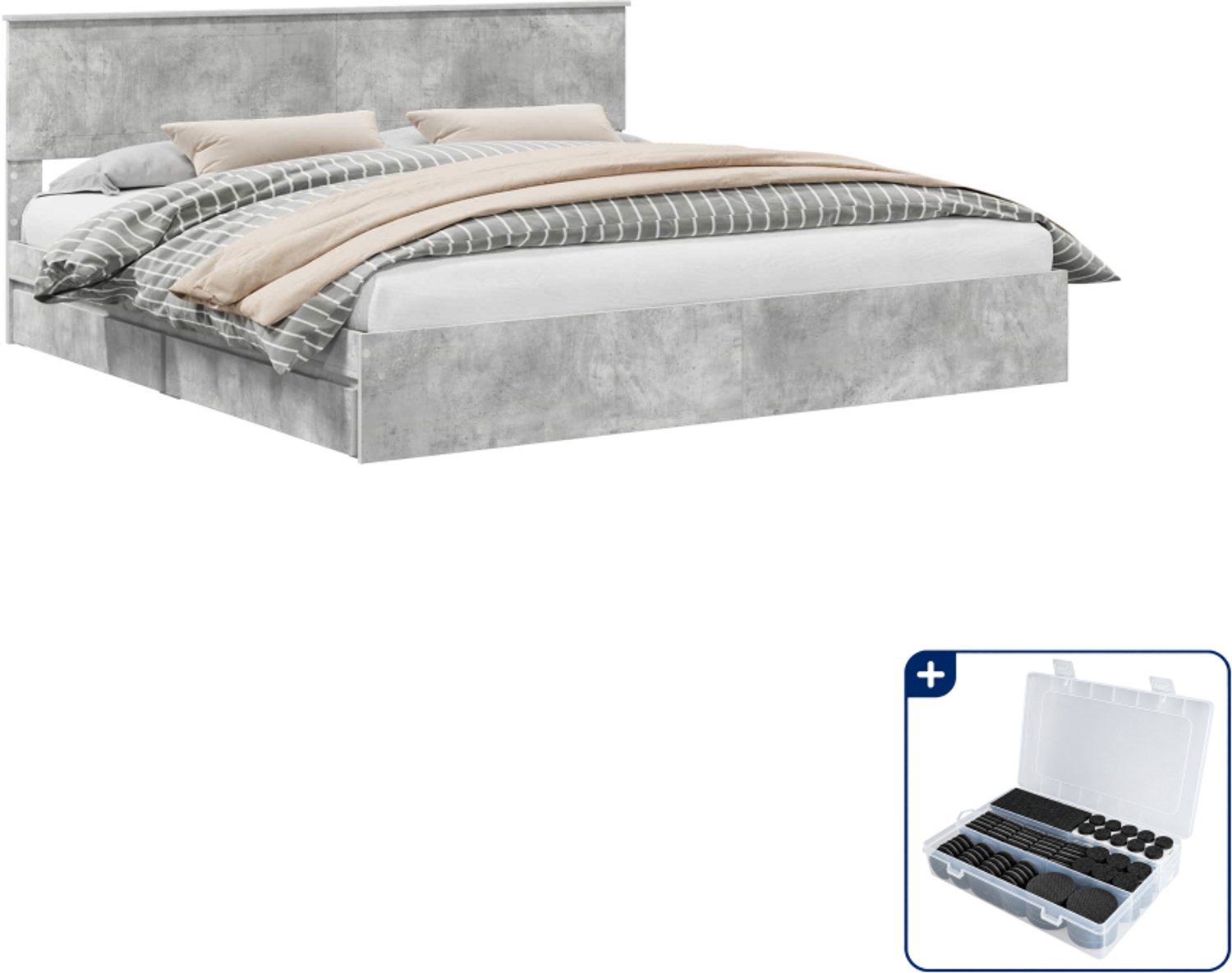 vidaXL bedframe - 200 x 200 cm - bewerkt hout - beton grijs - Inclusief antikrasvilt 177-delig Wit