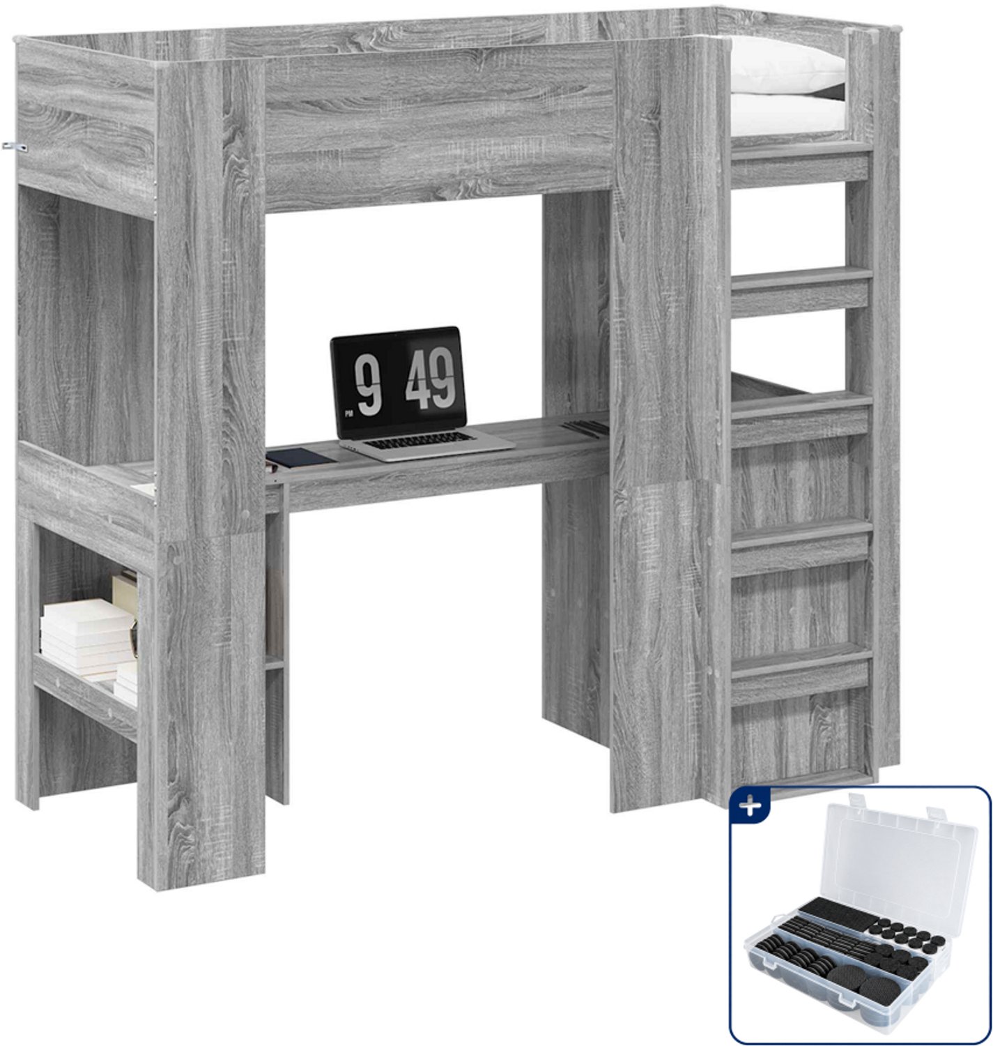 vidaXL loftbed met bureau - 75 x 190 cm - bewerkt hout - grijs sonoma - Inclusief antikrasvilt 177-delig