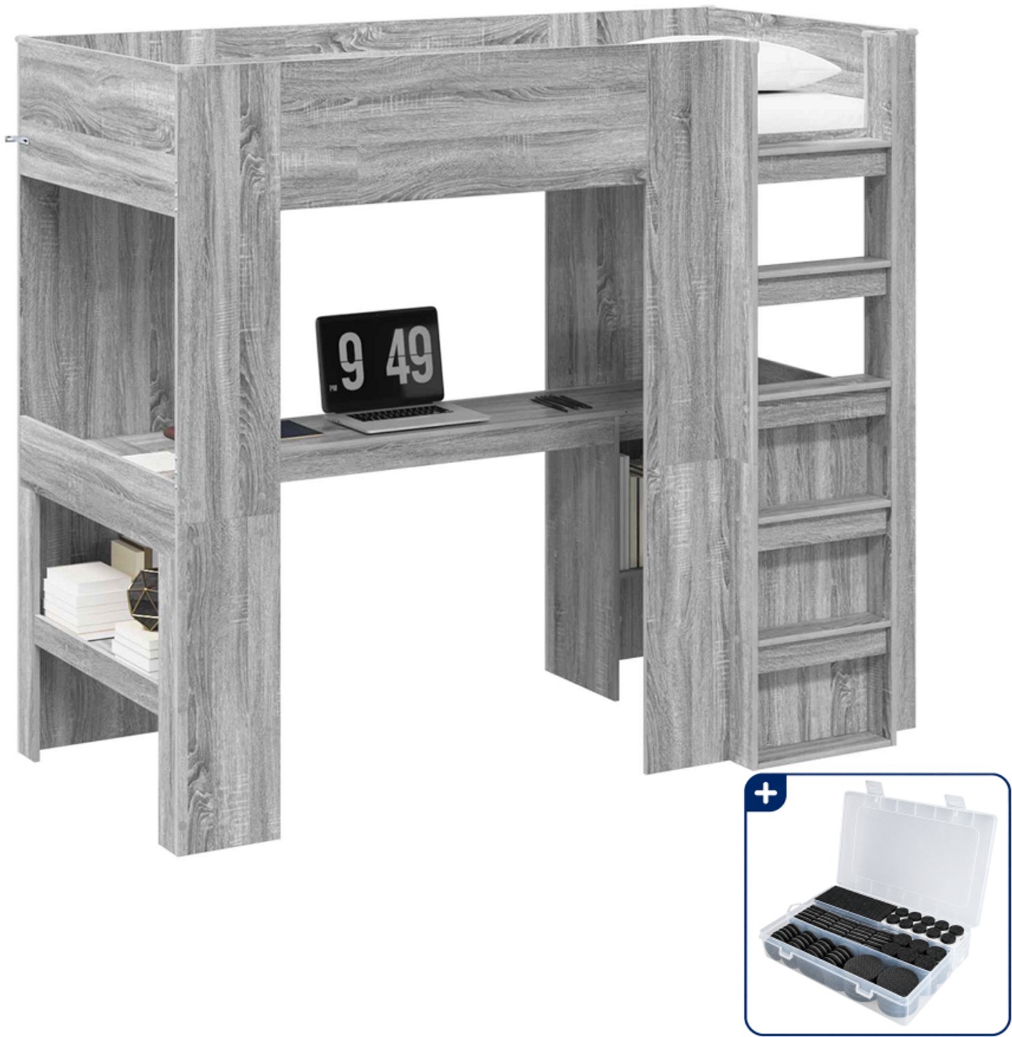 vidaXL loftbed met bureau - 100 x 200 cm - bewerkt hout - grijs sonoma - Inclusief antikrasvilt 177-delig