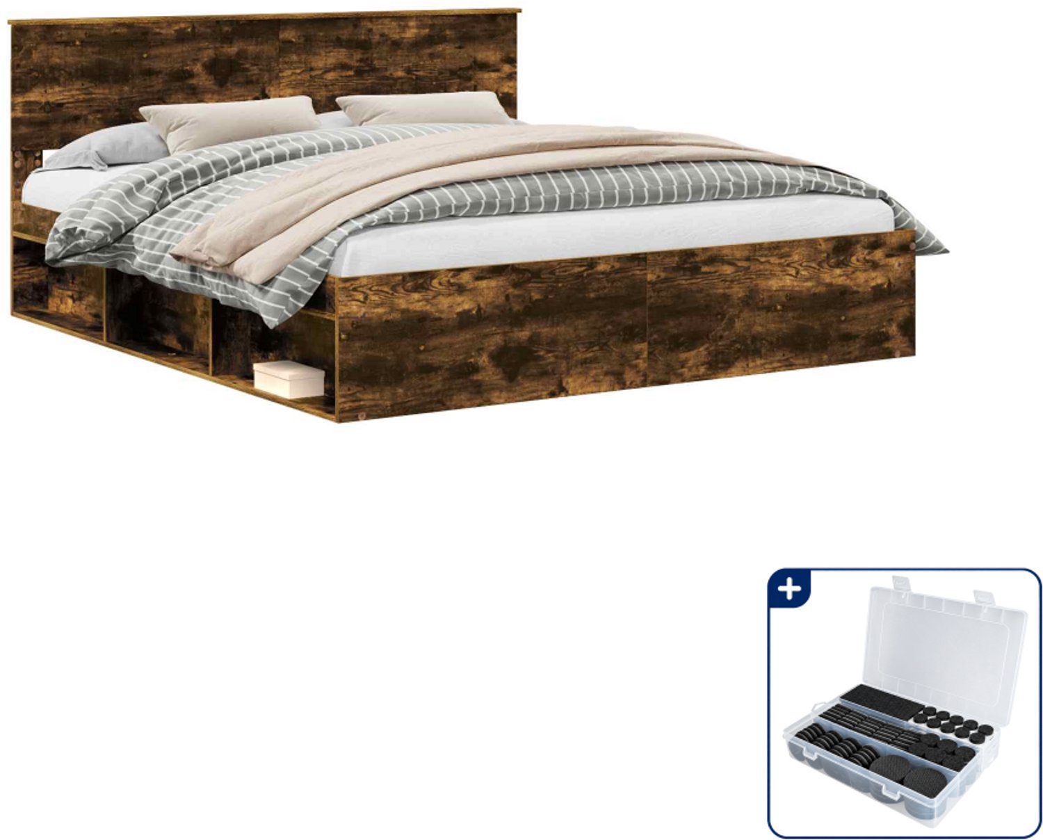 vidaXL Bedframe - Kingsize - 180 x 200 cm - Gerookt eiken - Inclusief antikrasvilt 177-delig Grijs