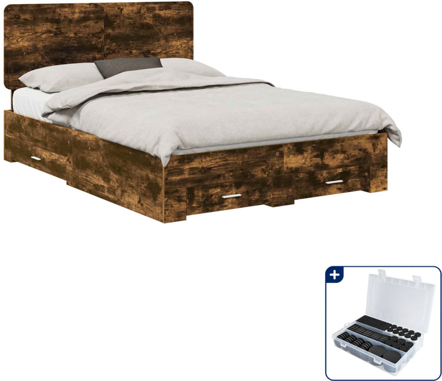 vidaXL bedframe met lade - Small double 140 x 200 cm - gerookt eiken - Inclusief antikrasvilt 177-delig Bruin