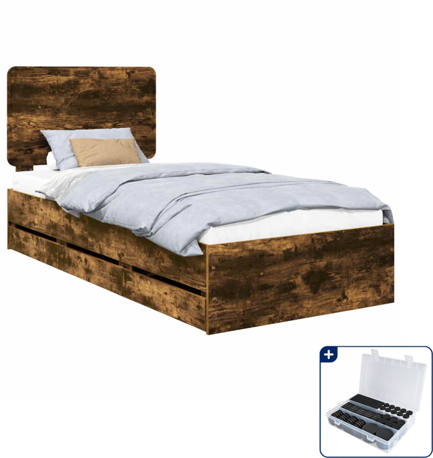 vidaXL bedframe met 6 laden - 100 x 200 cm - bewerkt hout - gerookt eiken - Inclusief antikrasvilt 177-delig Bruin