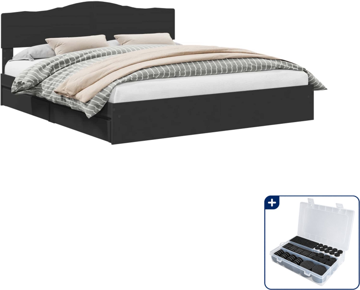 vidaXL bed met lade - 200 x 200 cm - bewerkt hout - zwart - Inclusief antikrasvilt 177-delig