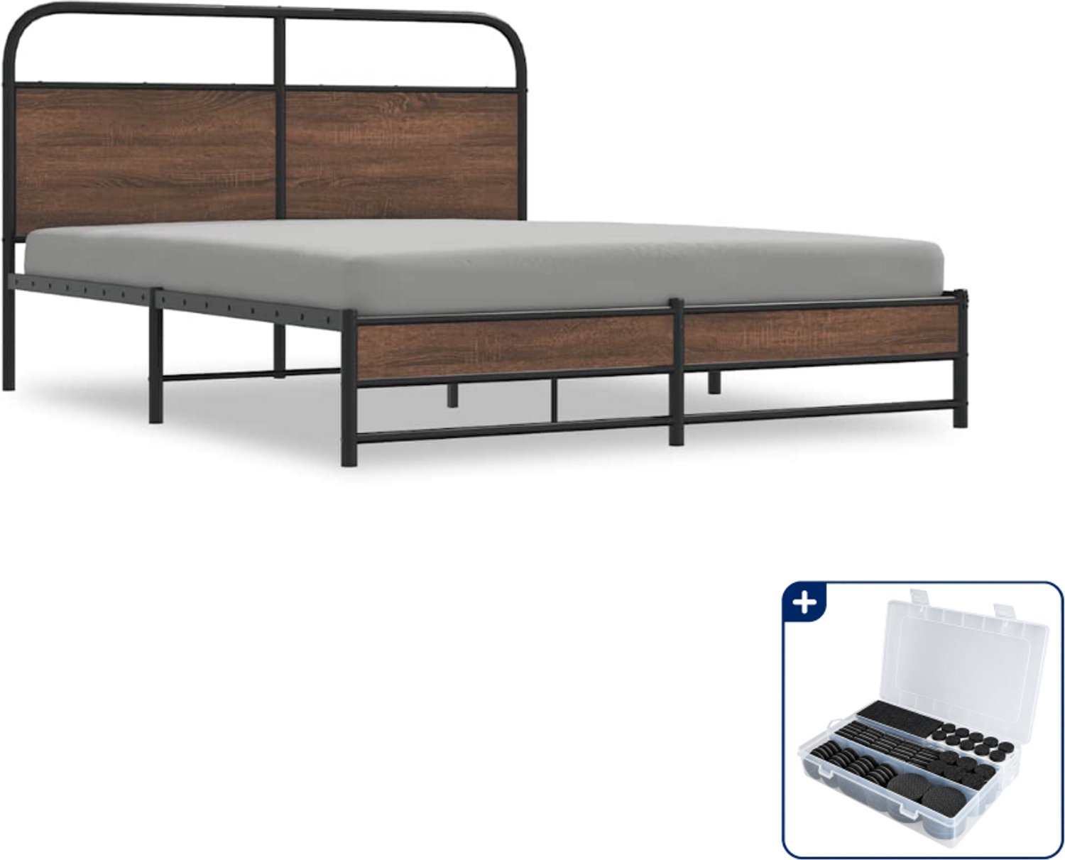 vidaXL Queensize bedframe 160 x 200 cm - metaal - bruineiken - Inclusief antikrasvilt 177-delig