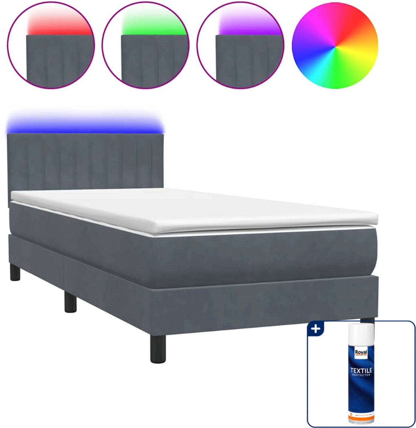 vidaXL boxspring met matras en led - 80 x 220 cm - fluweel - donkergrijs - Inclusief textielbeschermer 500 ml Bruin
