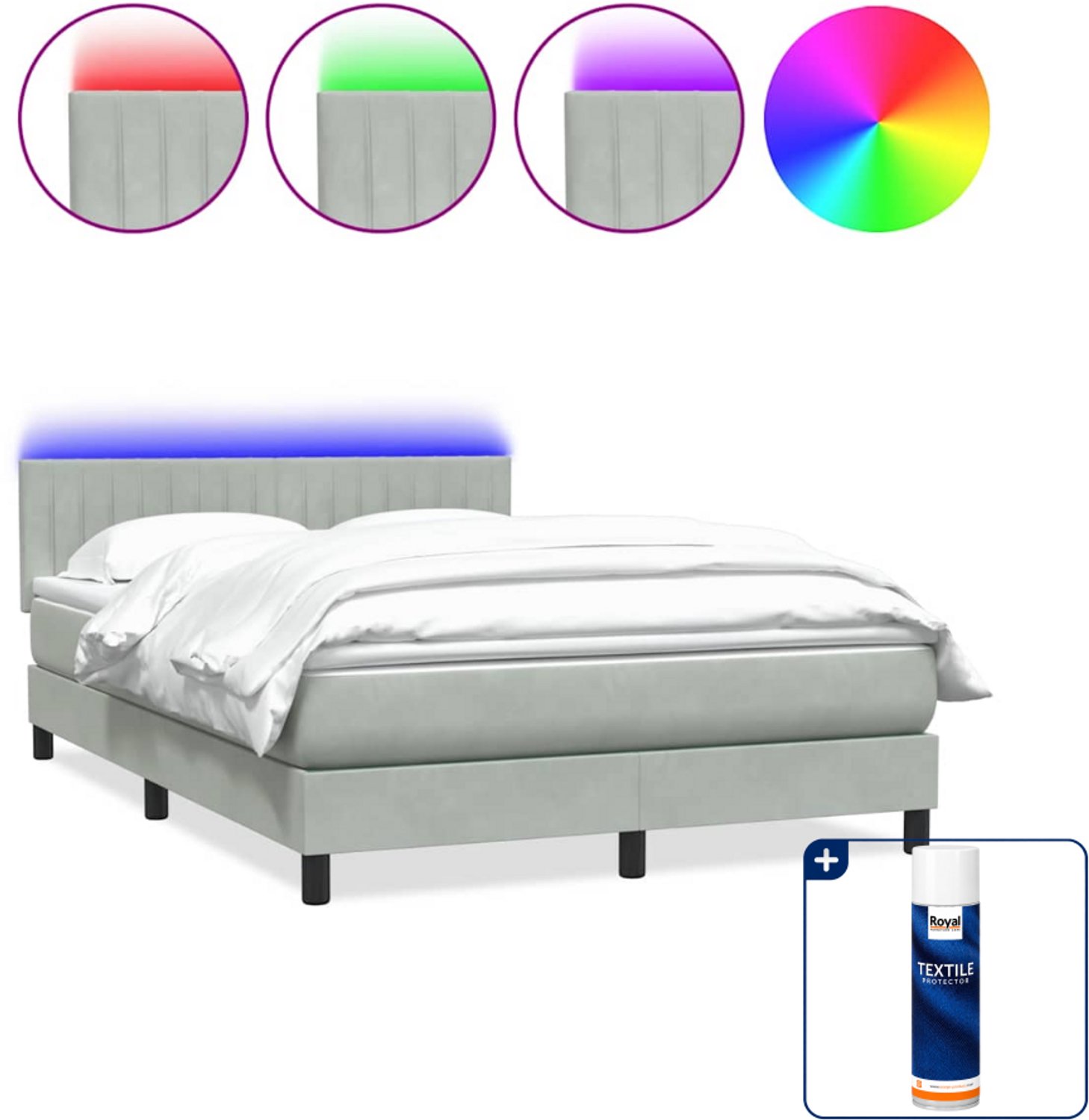 vidaXL boxspring - Queensize - 160 x 210 cm - fluweel - lichtgrijs - Inclusief textielbeschermer 500 ml Wit