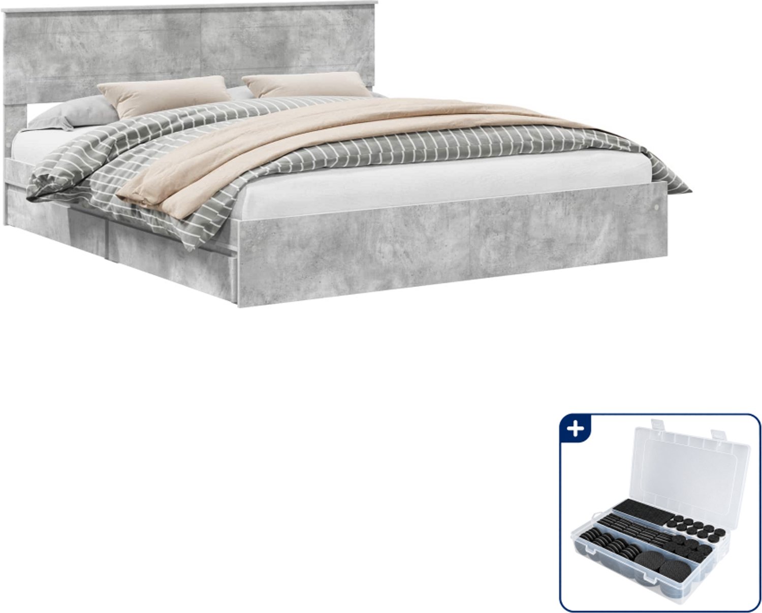 vidaXL opbergbed - 200 x 200 cm - bewerkt hout - beton grijs - Inclusief antikrasvilt 177-delig