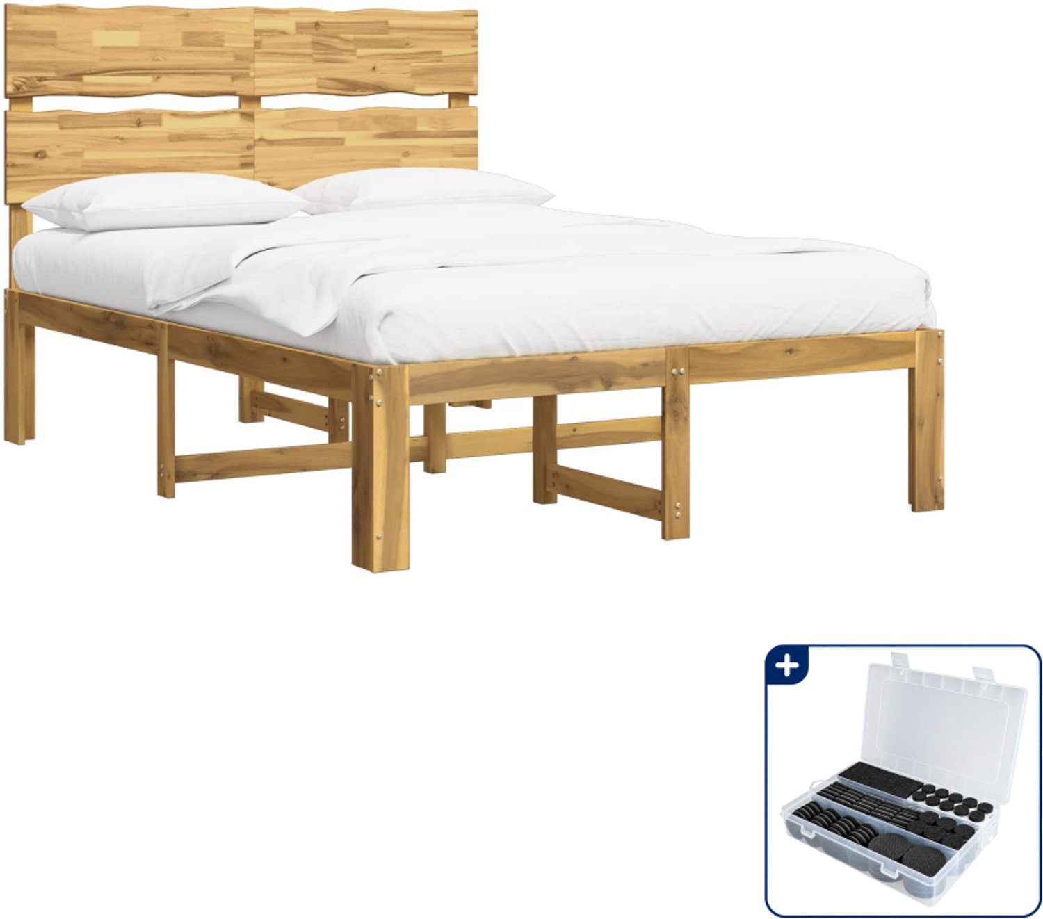 vidaXL ROSTOCK bedframe - 135 x 190 cm - massief acaciahout - wit - Inclusief antikrasvilt 177-delig Bruin