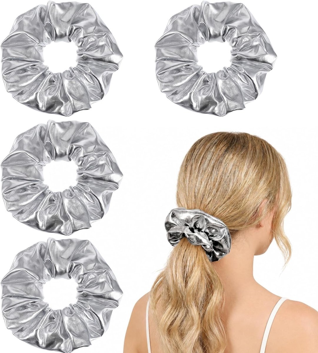 Set van 4 Glanzende Zilveren Haarstrikken - Elastische Haarbanden voor Vrouwen en Meisjes - Decoratieve Ponytail Houders en Haaraccessoires