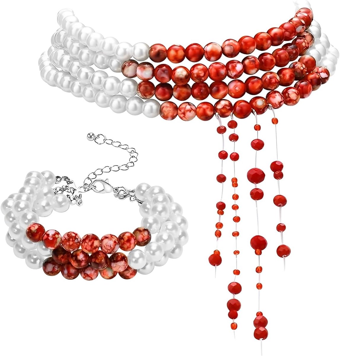 Bloederige Parelketting en Armband voor Halloween Kostuumaccessoires voor Vrouwen en Meisjes, Verstelbare Bloedsetting en Unieke Sieraden