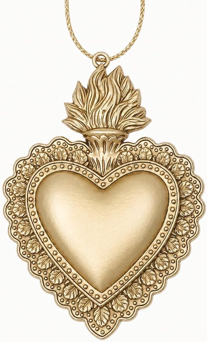 Gouden heilig hart van kunsthars, mooie afwerking, 10 x 7,3 x 1 cm, met gouden koord inbegrepen