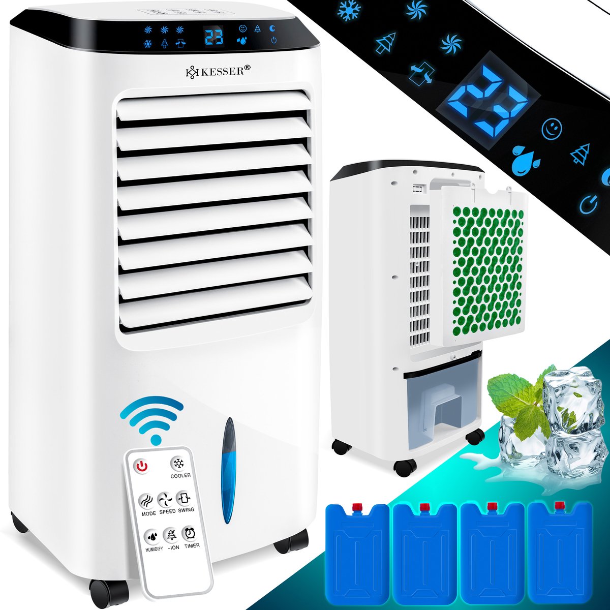 KESSER® Aircooler 4in1 - Mobiele Luchtkoeler met Afstandsbediening en Timer - Ventilator Airco met 10L Watertank en 3 Staanden - Wit