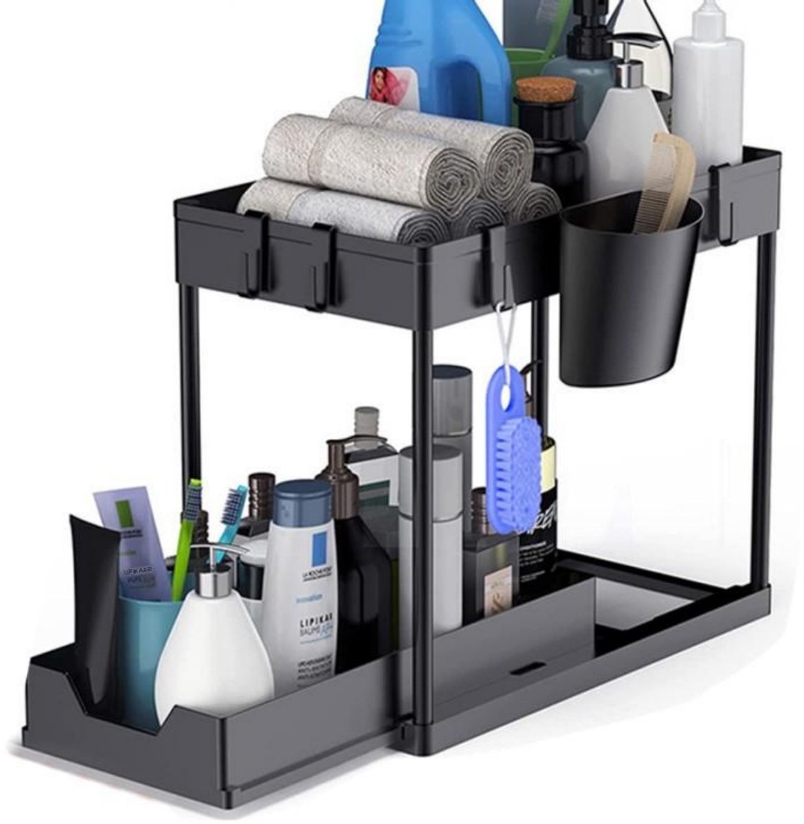 SSTRWGOOD Keukenopslagaccessoires - Uittrekbare Multifunctionele Keukenorganizer - 39.5x21.5x35cm - Geschikt voor Onder Aanrecht, Badkamer en Tafelblad - Kunststof - Met 5 Haken