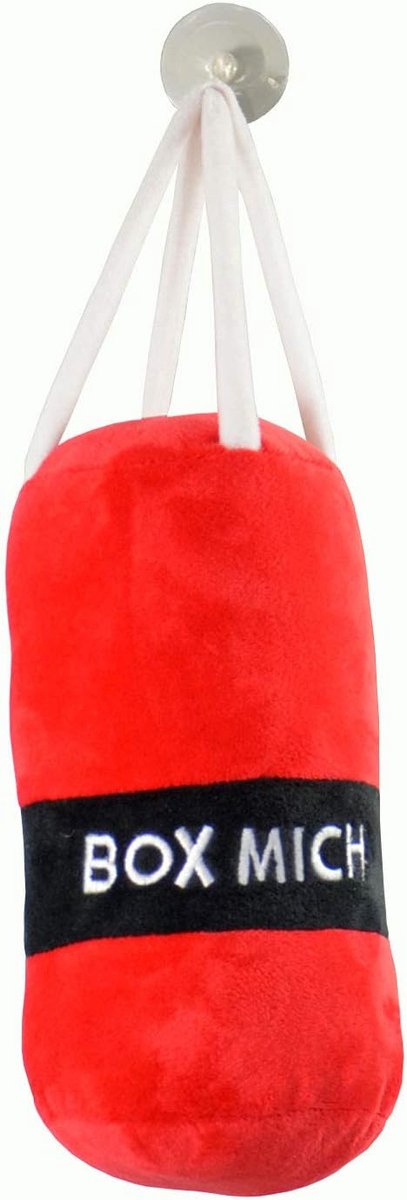 Stress bokszak, ca. 36,5 x 12 cm, rood-wit, van pluche met zuignap voor bevestiging, slaggeluiden bij treffers, ideaal om stress en agressie te verminderen