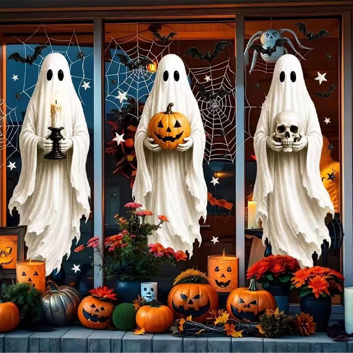 Raamstickers met geestthema voor Halloween, dubbelzijdige zichtbare herbruikbare raamstickers, griezelige geest klampt zich vast voor thuis, binnen, feest, Halloween decor (3 stuks)