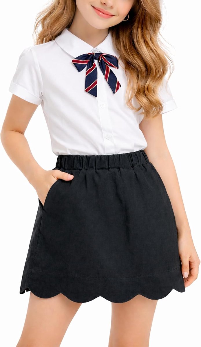 Schooluniform-short met schelpkant en zakken, geïntegreerde shorts, elastische tailleband, schattige korte zomerrok