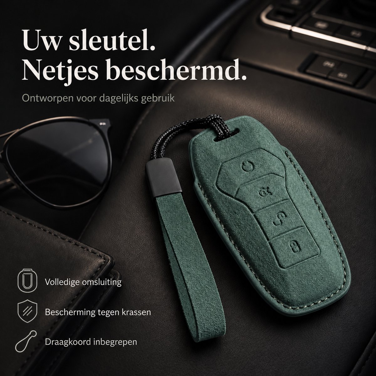 Zirkle BYD Build Your Dreams Autosleutel Hoesje Type A Donkergroen met Draagkoord – Luxe Premium Sleutelhoes met Lusje – Beschermhoes voor BYD Autosleutel – Compacte Key Case – Sleutelcover – Auto Accessoire voor Dames en Heren