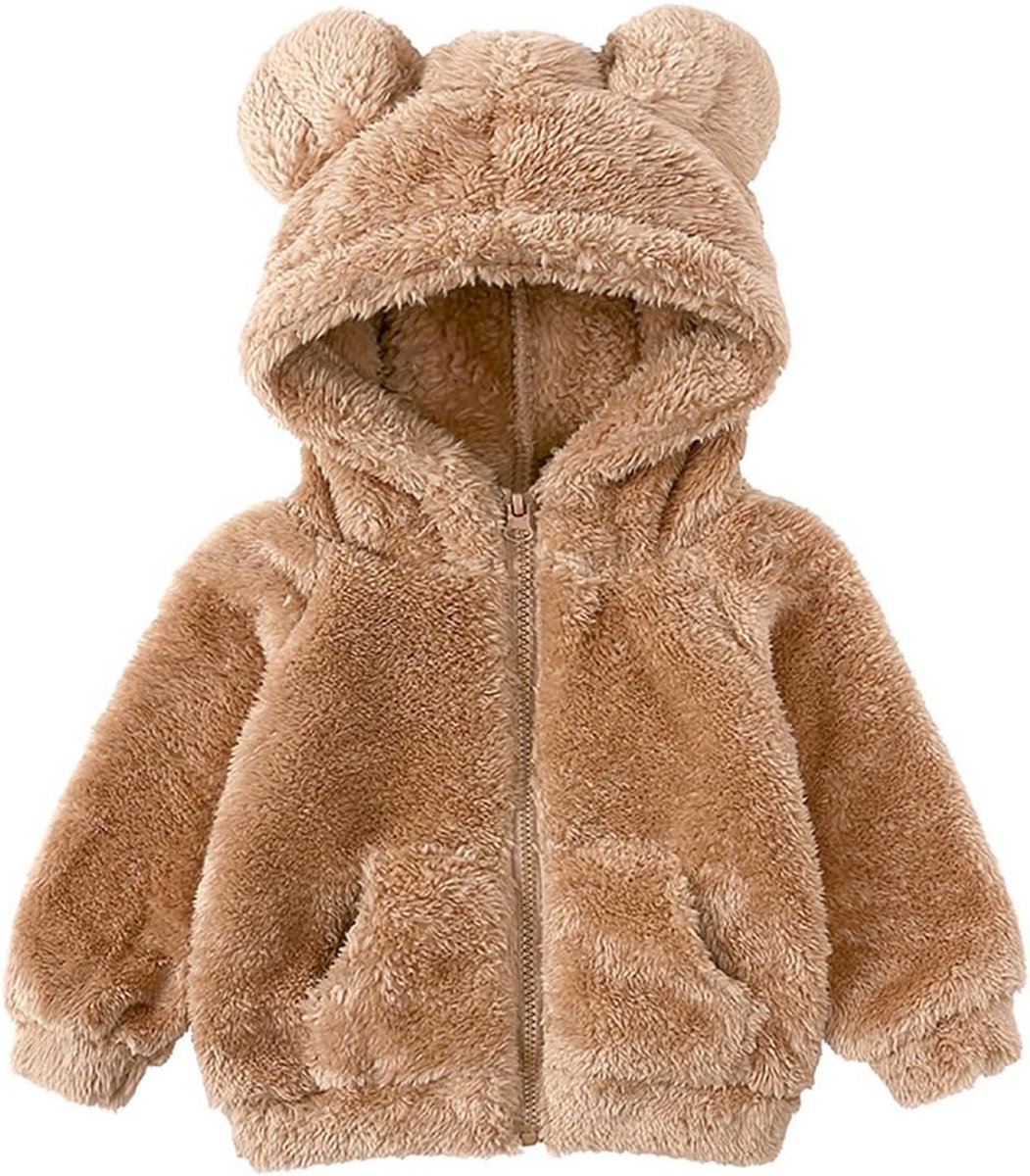 Fleecejack voor peuters, baby's, meisjes en jongens, met capuchon, ritssluiting, beeroren, warme winterjassen voor kinderen, bovenkleding