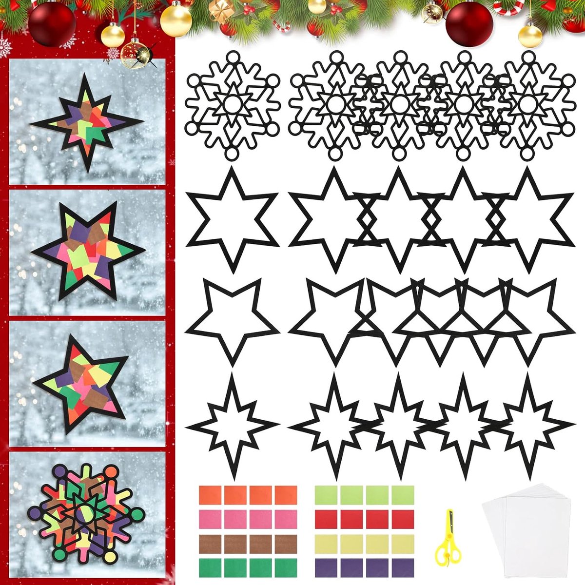 Kerstknutselset voor kinderen, 20 stuks, zelfklevende raamafbeeldingen, knutselset met sterren, sneeuwvlokken, kerstdecoratie, binnenraam, doe-het-zelf stickers, winter, advent, nieuwjaar
