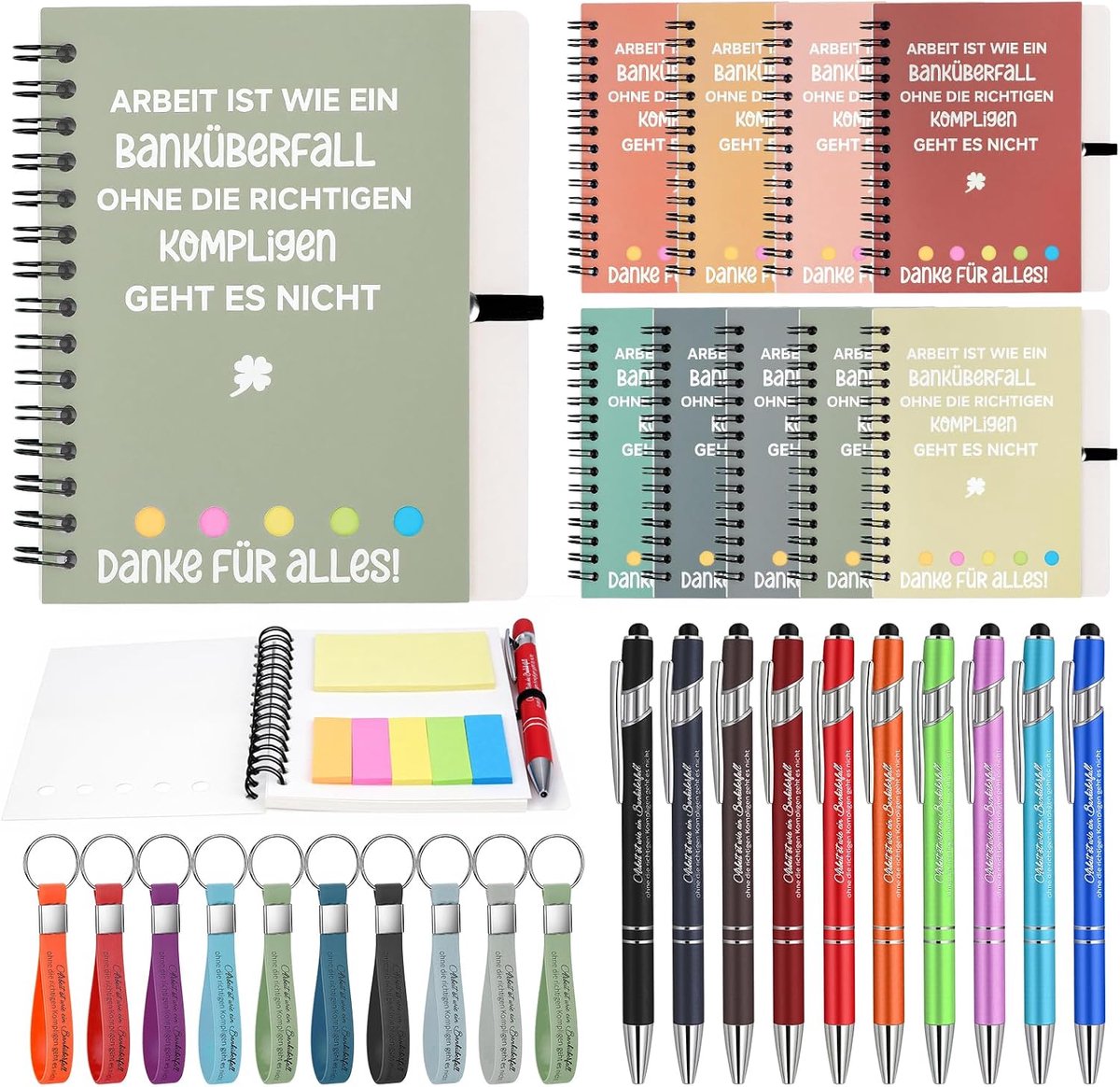 Afscheidsgeschenk collega - 10 sets bedankje cadeau werknemers motiverend inspirerend cadeau spiraal notitieboek met balpen en sleutelhanger voor collega van baan wisselteam