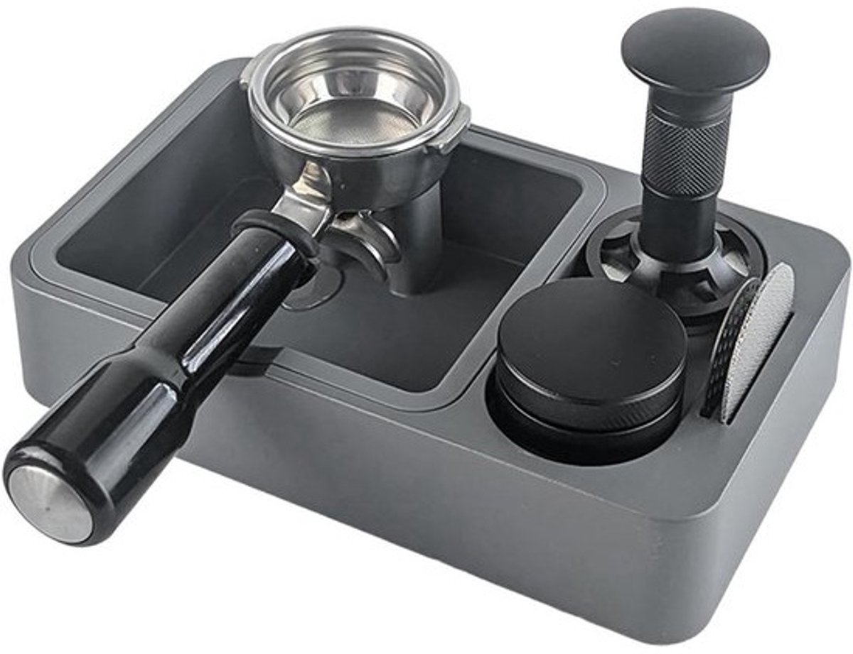 Koffie Tamping Station - Espresso Tamper Houder - Koffie Bereiden - Geïntegreerde Klopbox - 24.5 x 15 cm - Grijs