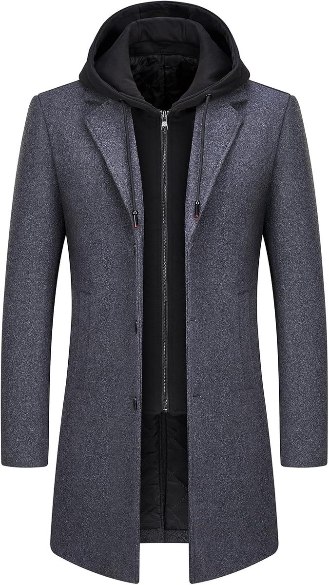 trenchcoat voor heren, effen, casual, gewatteerd, outdoor, overcoat, lange capuchon, warme jas, grijs, 3XL