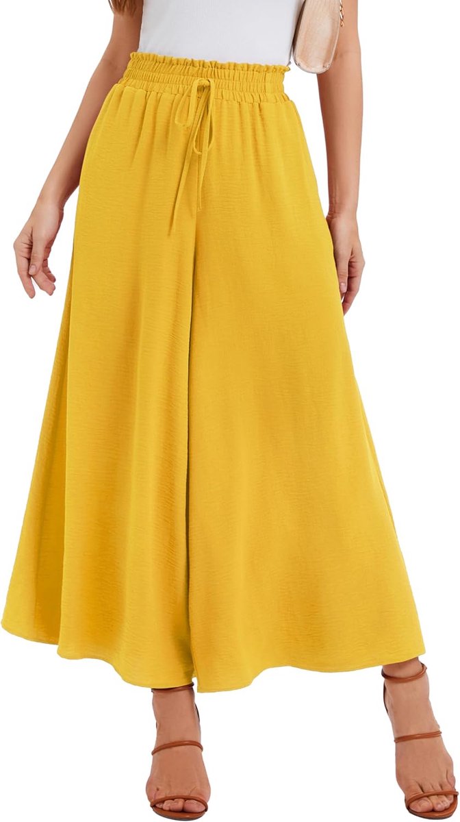 Pantalon voor Dames Zomer Elastische Hoge Taille met Trekkoord Luchtig Palazzo Broek Met 2 Zakken Voor Dagelijks Gebruik & Vrije Tijd