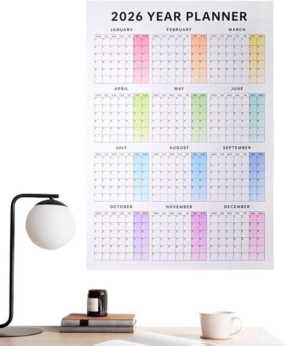 Wandkalender 2026 - Jaarplanner Muurkaart - Gezinsplanning Kantoor - Volledige Jaaroverzicht - 75x53cm - Blauw