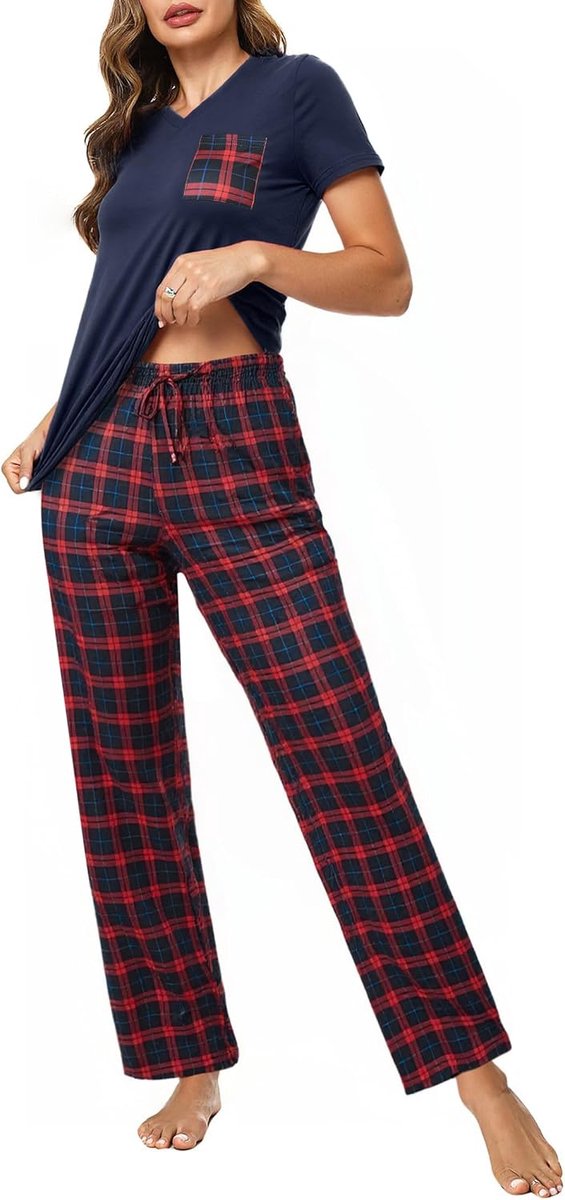 Pyjama voor dames, zomer, katoen, pyjamaset voor dames, V-hals, 2-delig, zachte nachtkleding, T-shirt met korte mouwen en geruite broek, S-XXL
