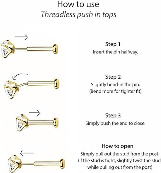 Studs Rvs Push in Neus Studs Ringen 16G Cz Tragus Kraakbeen Helix Conch Lip Labret Medusa neusgat Piercing Sieraden — afbeelding 5
