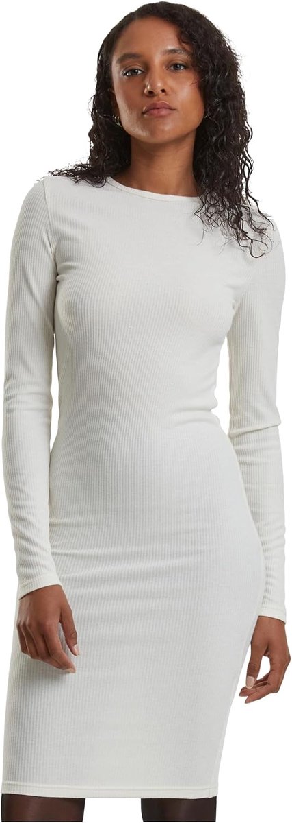 Classics Damesjurk, rib jurk, nauwsluitende, hoogsluitende geribbelde jurk, lange mouwen, maten XS - XL, witzand., 3XL