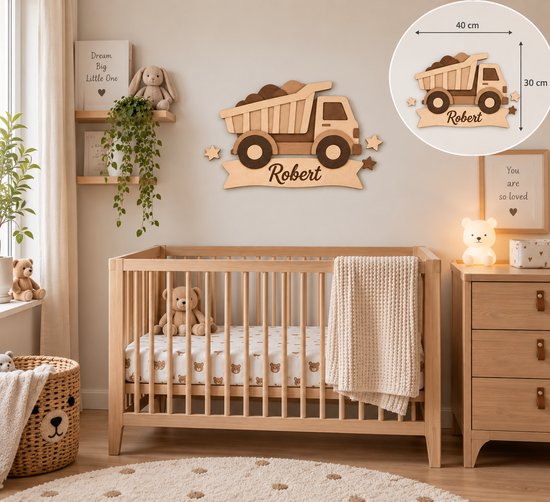 Gepersonaliseerde Houten Kiepwagen met Naam – Kinderkamer Decoratie – 40 × 30 cm – 5 mm Hout – Uniek Naambord – Cadeau voor Baby & Kind — afbeelding 2