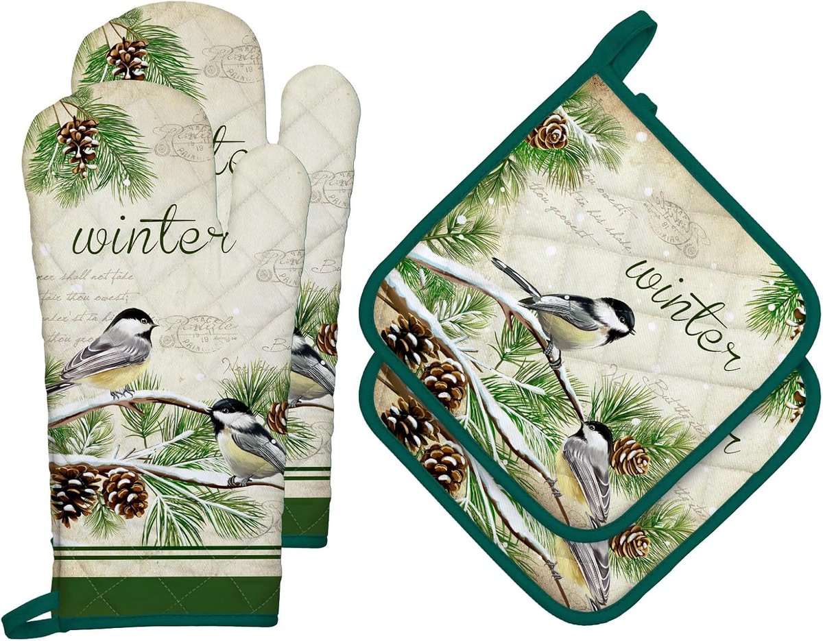 Pannenlappen Set van 4, 100% katoen, hittebestendige keukenhandschoen voor koken, bakken, grillen, cadeau, wintervogel