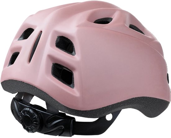 Roze kinderhelm met verstelbare banden en ventilatiegaten.