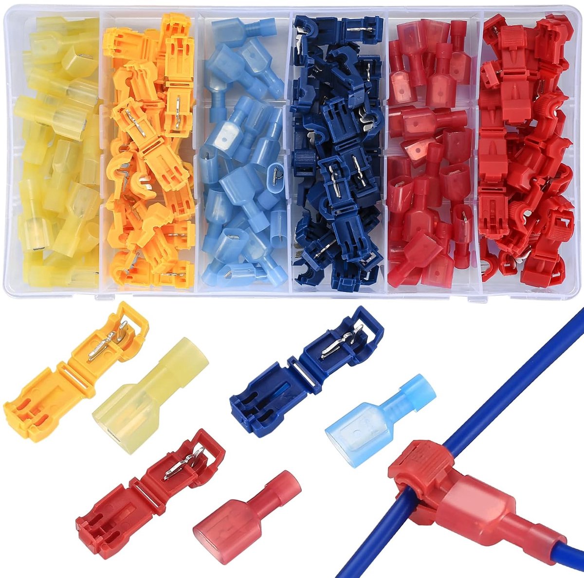 120 stuks aftakverbinderset (60 T-aftakverbinders + 60 platte stekkers snelconnector), kabelverbinders, kabelklemmen, snelverbinders - 0,5-4 mm² (drie kleuren 120)