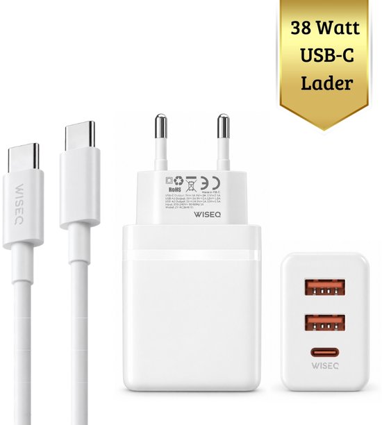38W USB C Snellader met 2m 100W Kabel, GaN Technologie, 3 Poorten, Geschikt voor iPhone 15-17, Samsung, MacBook