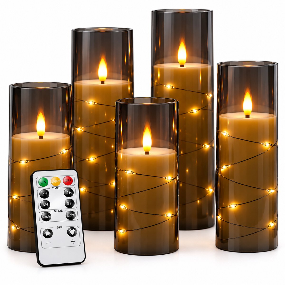 Nina’s Giftshop® LED Kaarsen Set 5 Stuks – Smokey Grey Acryl – Bewegende Vlam – Afstandsbediening – Timer – Dimbaar – Sfeerverlichting – Kerstdecoratie – Kerstcadeau
