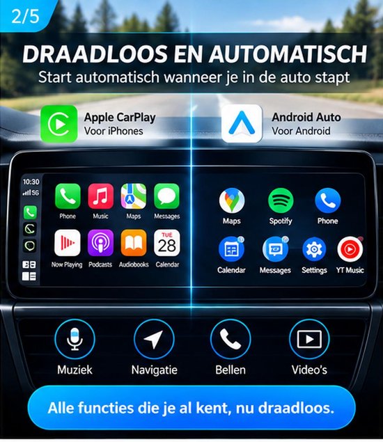 4-in-1 Wireless CarPlay Adapter – Draadloos Apple CarPlay & Android Auto – AirPlay & Mirror Link – USB-A & USB-C – Plug & Play – Ultra Mini — afbeelding 3