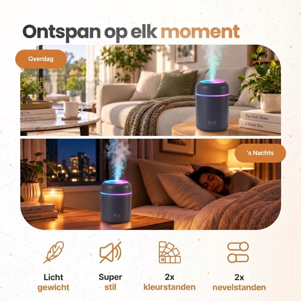 Rivello Aroma Diffuser - 300ML - Compact & Praktisch - Luchtbevochtiger Met Aromatherapie - Luchtreiniger - Incl. Led Verlichting - Slaapkamer - Wit — cadeau in Wonen & Interieur - foto 2