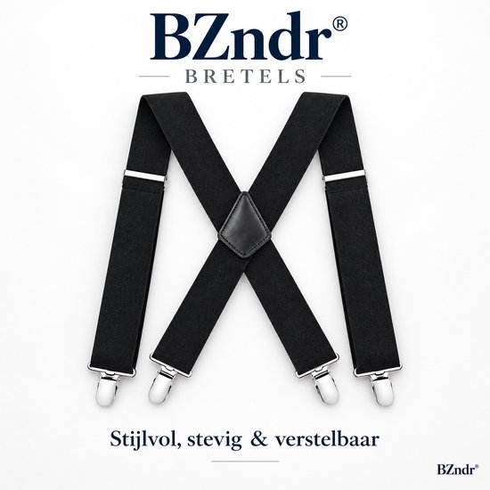 Zwarte bretels met zilveren clips, op elkaar geplaatst om een 'M' te vormen. Tekst: Stijlvol, stevig & verstelbaar.