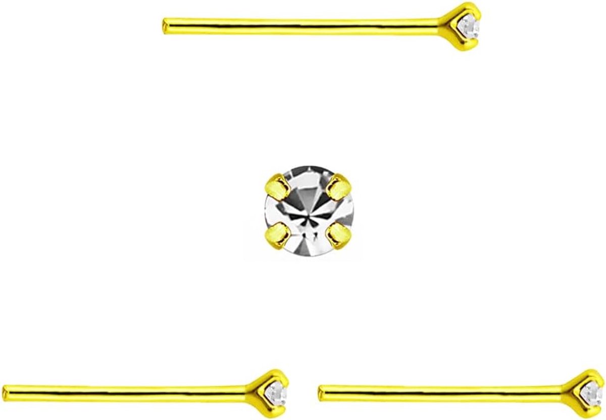 3 x neuspiercing, rechte steel, goudkleurig, ronde zirkoniasteen, indrukwekkende glans, 2 mm, fijne steel 0,6 mm, 10mm largo, Zilver, Geen edelsteen