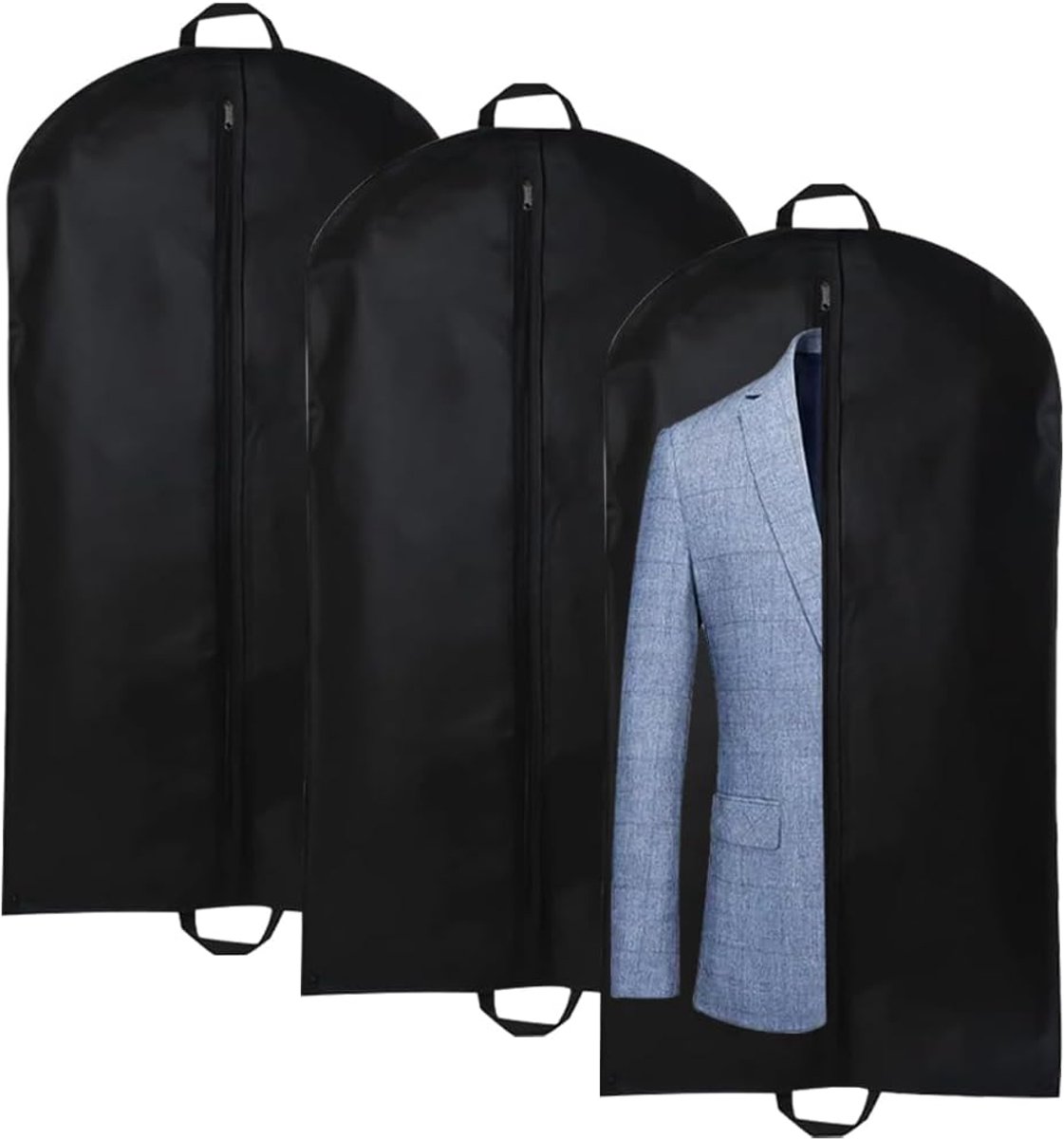 3 stuks premium kledingzakken, zwarte kledingzak, transporttas, opvouwbare stofbescherming met draaggreep en ritssluiting, waterdichte kledingzakken voor pak, jassen en overhemden (60 x 120 cm)