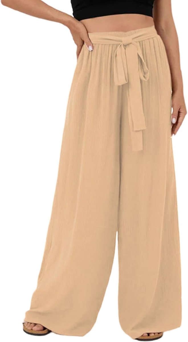 Zomerbroek voor dames, lichte linnen broek, mousseline, casual, hoge taille, palazzo broek, zomer, luchtige stoffen broek, vrijetijdsbroek met zakken, S-XXL, A beige, L