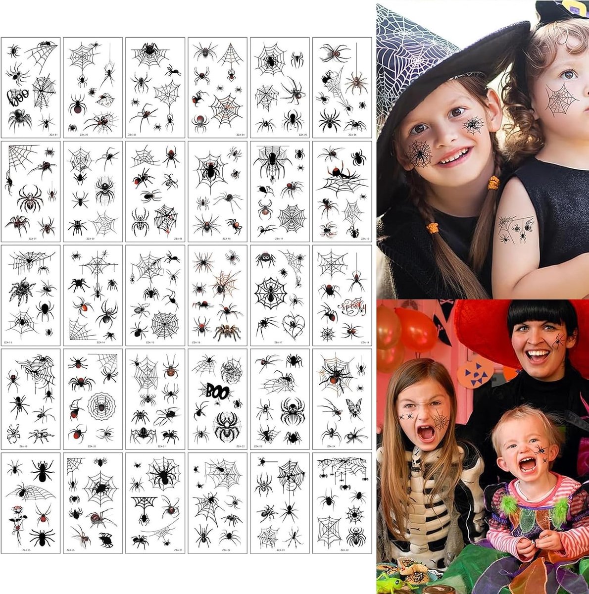 Tijdelijke Nep Spin Tatoeages voor Halloween Kostuum, Waterdichte Gezichts- en Lichaamstatoeages voor Volwassenen en Kinderen, 30 Bladen, Duurzaam en Eenvoudig aan te Brengen