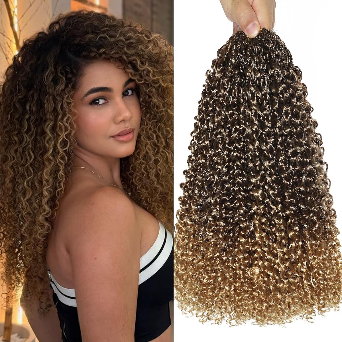 Kinky Curly gehaakt haar, 8 stuks, micro twist, gehaakt, synthetische krullende vlechten, haarextensies voor zwarte vrouwen. (T33/27, 35,5 cm)