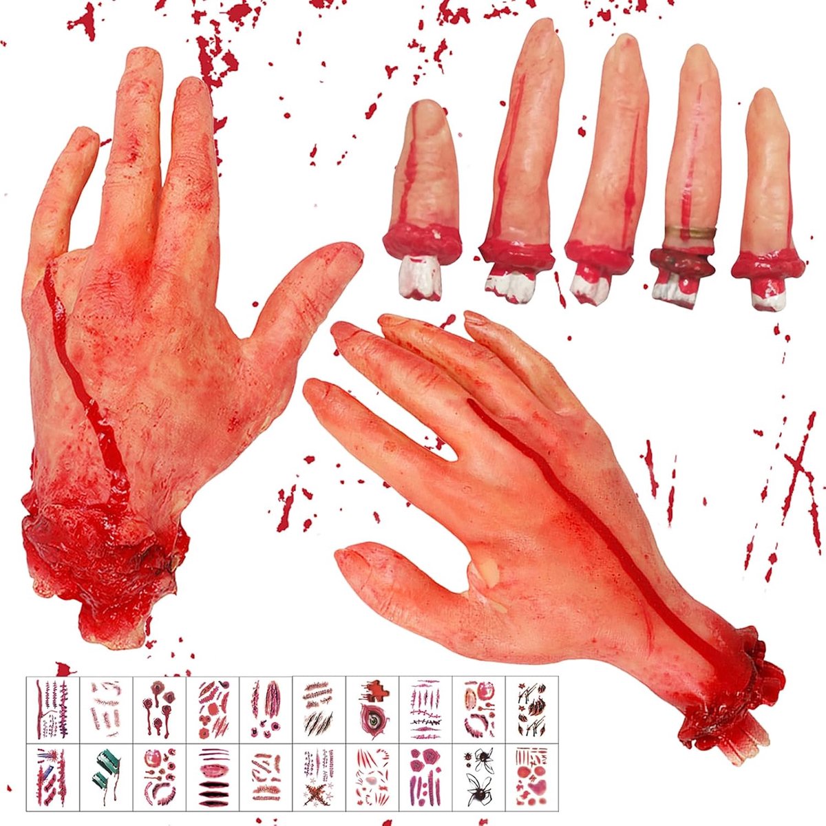 3 stuks Halloween bloed-rekwisieten griezelige nep gescheiden hand gebroken lichaamsdelen, Halloween gescheiden lichaam met 20 tattoo-stickers voor spookhuis, zombie party benodigdheden decoratie