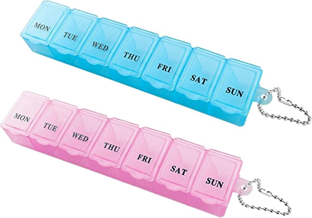Oplaadbare pillendoos met 2 compartimenten voor dagelijkse medicatie, handig voor reizen en opslag (blauw+roze)