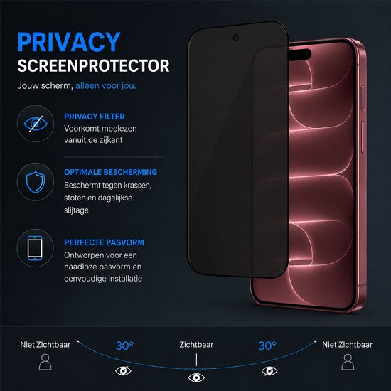 Privacy screenprotector van gehard glas op een roze telefoon, toont de kijkhoekbeperking.