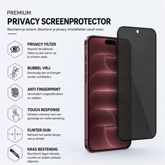 Privacy screenprotector van gehard glas op een roze telefoon, toont de functies: privacyfilter, bubbelvrij, anti-vingerafdruk, touch response, flinterdun, krasbestendig.